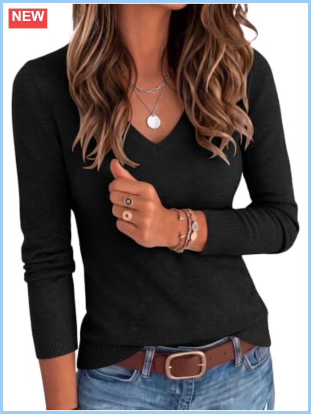 V Neck Long Sleeve Lightweight Knit Pullover Sweater Slim Fit Fall Top